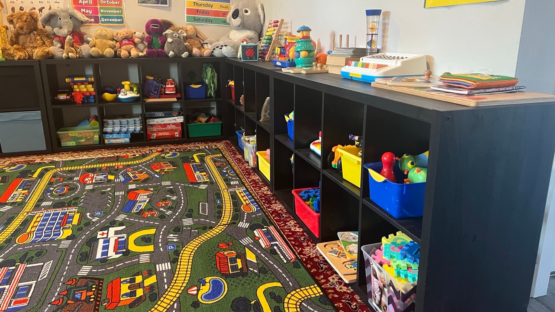Organized toy storage and reading area